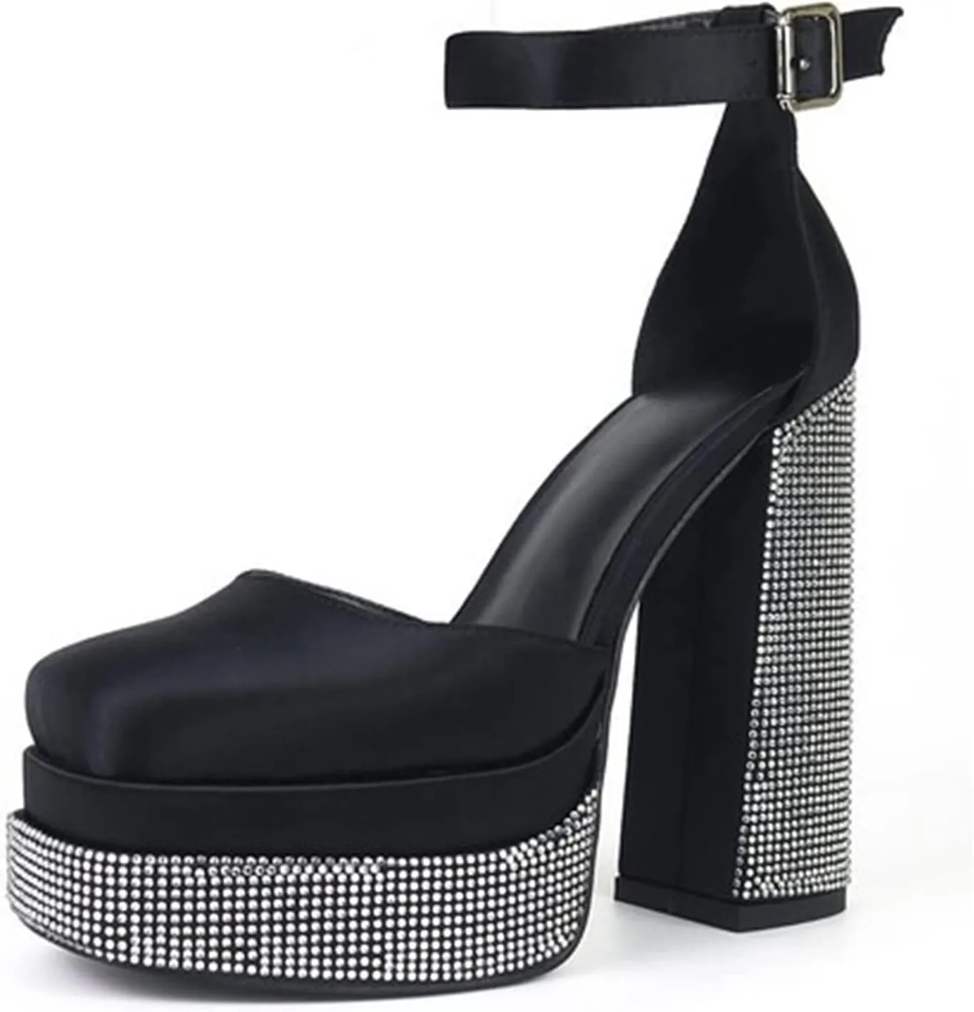 WOilERQ Women Platform Pump Sandals 5.5" Chunky Block Heel Ankle Strap Buckle Closed Square Toe Party Street high Heels Rhinestone Evening Party Dress Shoes,Black,8.5