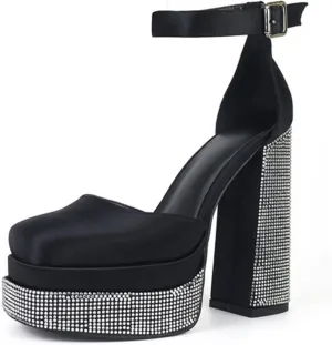WOilERQ Women Platform Pump Sandals 5.5" Chunky Block Heel Ankle Strap Buckle Closed Square Toe Party Street high Heels Rhinestone Evening Party Dress Shoes,Black,8.5