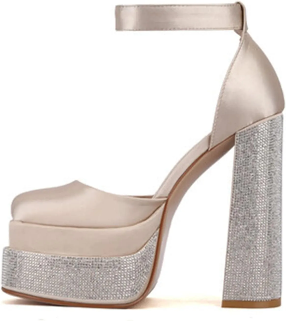 WOilERQ Women Platform Pump Sandals 5.5" Chunky Block Heel Ankle Strap Buckle Closed Square Toe Party Street high Heels Rhinestone Evening Party Dress Shoes,Gold,7.5