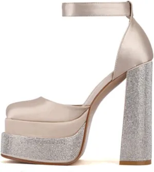 WOilERQ Women Platform Pump Sandals 5.5" Chunky Block Heel Ankle Strap Buckle Closed Square Toe Party Street high Heels Rhinestone Evening Party Dress Shoes,Gold,7