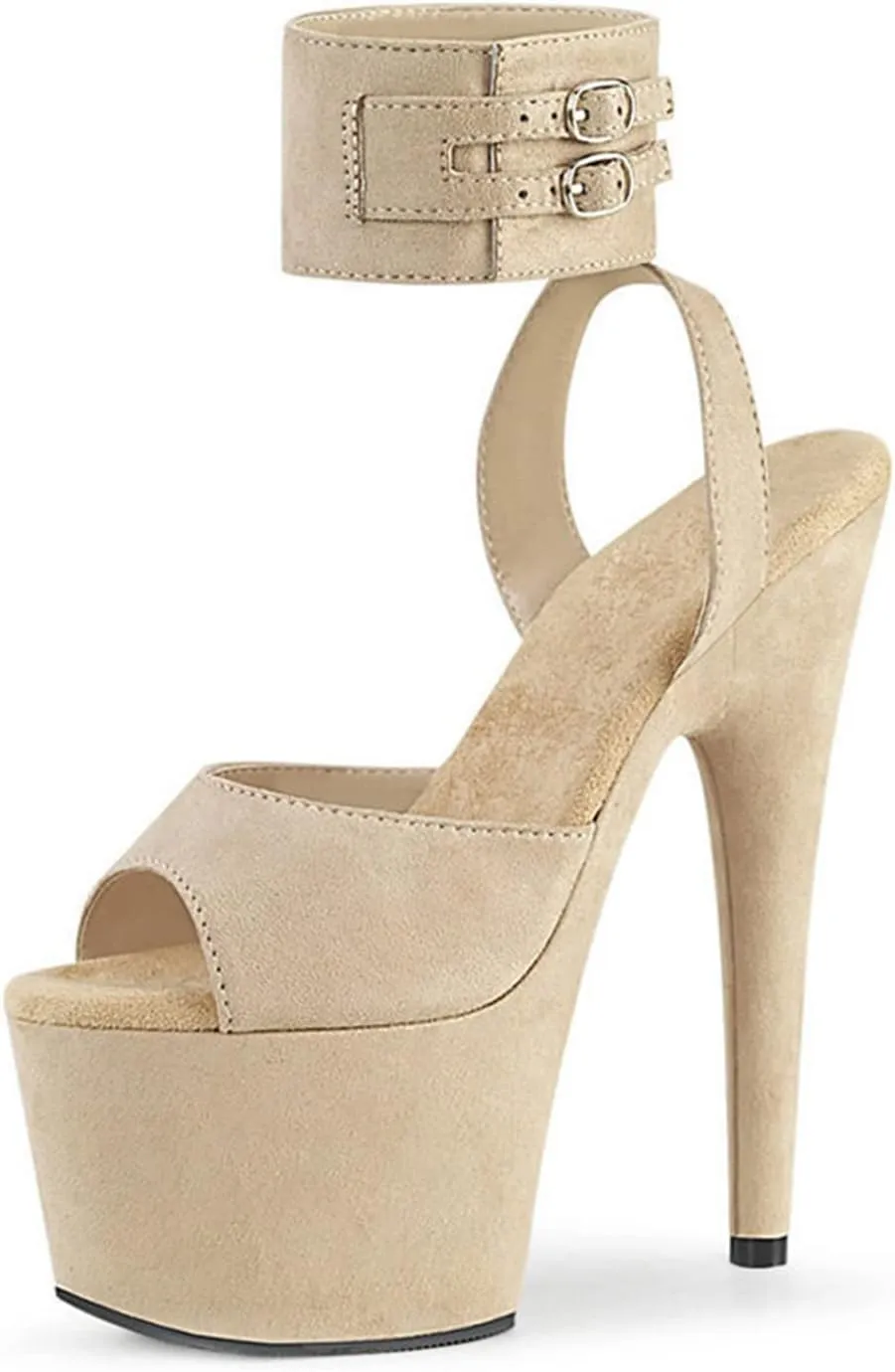 WOilERQ Womens Suede Sandals Platform Peep Open Toe Ankle Strap Slingback Super high Heels Sexy Nightclub Pole Dancing Stripper Club Dress Shoes 17cm,Beige,11