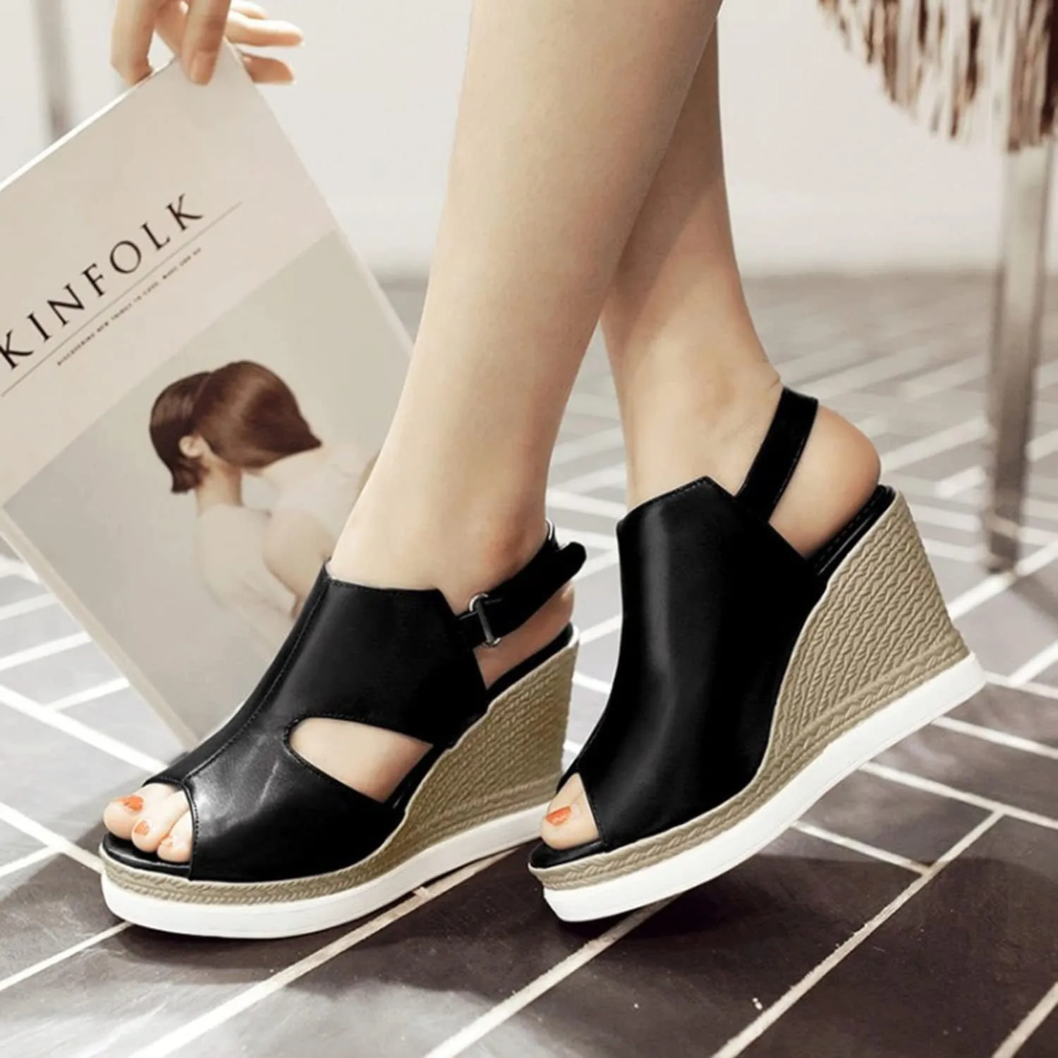 WOilERQ Women's Wedge Sandal Open Toe High Heel Summer Platform Fish Mouth Sandals Slingback Dress Office Party Shoes