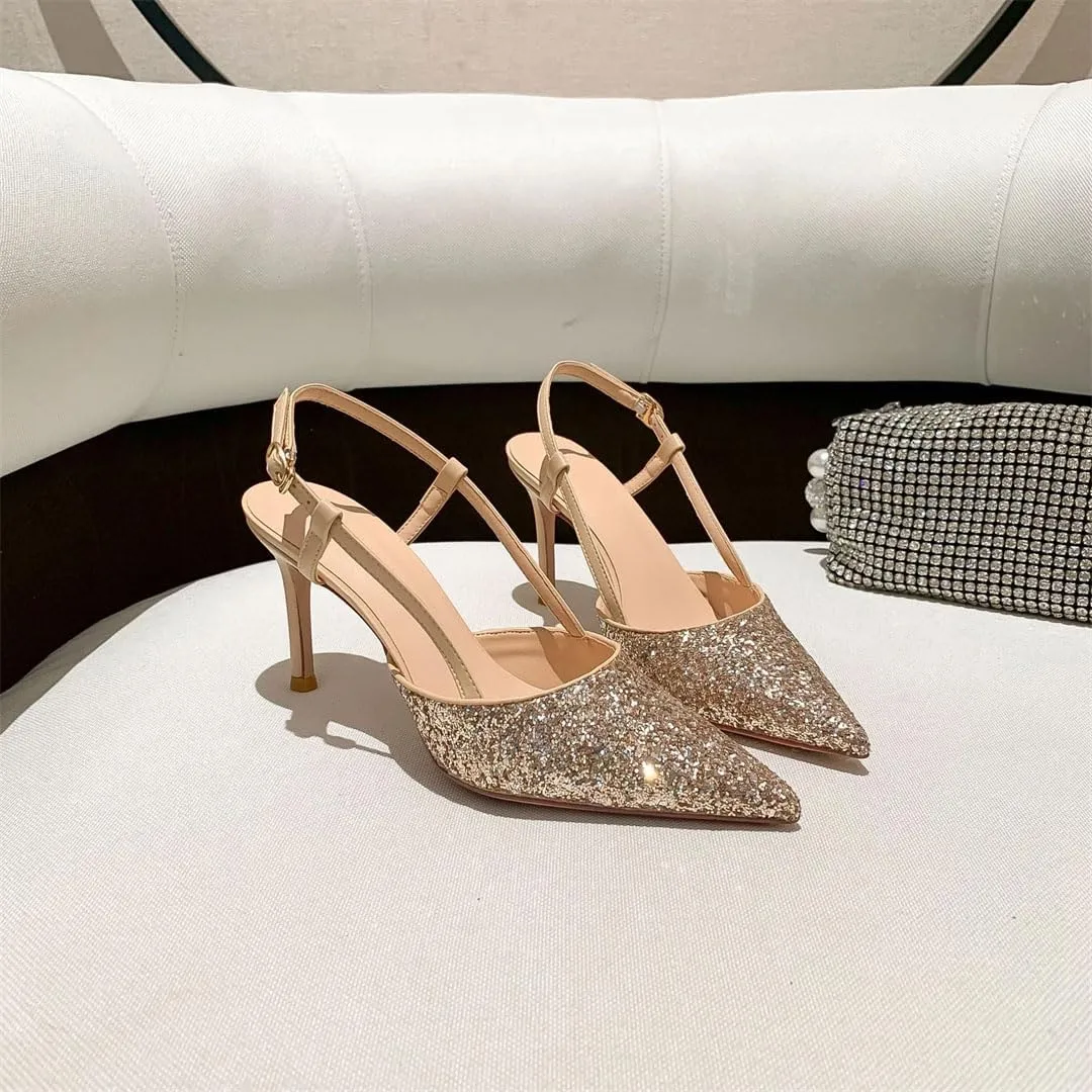 Women Bling Silver Gold Glitter Slingback High Heels Sandals Wedding Party Shoes Thin Heels Sexy Open Toe Buckle Strap