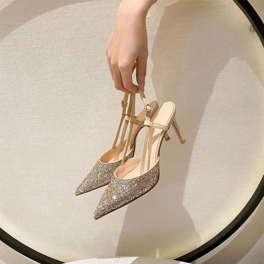 Women Bling Silver Gold Glitter Slingback High Heels Sandals Wedding Party Shoes Thin Heels Sexy Open Toe Buckle Strap