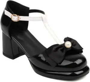 Women Closed Toe Sandals Platform Mary Jane Pumps T-Strap Bow Chunky Block Heel Fashion Dress Shoes