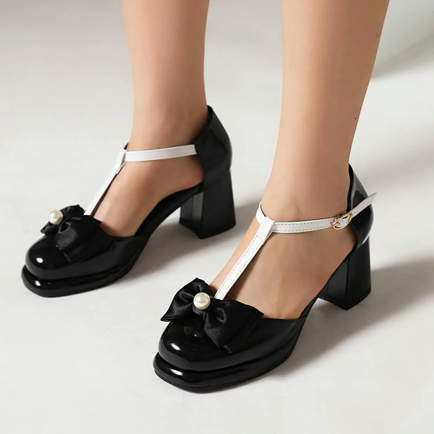 Women Closed Toe Sandals Platform Mary Jane Pumps T-Strap Bow Chunky Block Heel Fashion Dress Shoes