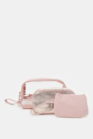 Women Pink Printed Cosmetic Pouch Set (4 Piece)