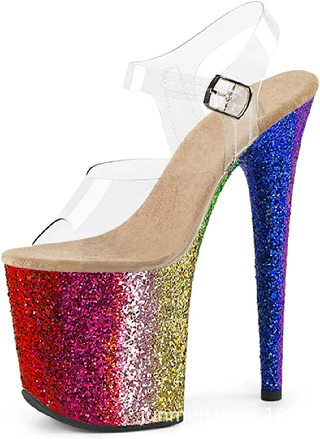 Women Platform Sandals Peep Open Toe Ankle Strap Slingback Super high Heels Sequins Glitter Dress Shoes Pumps for Sexy Nightclub Pole Dancing Stripper Club,Beige,5.5