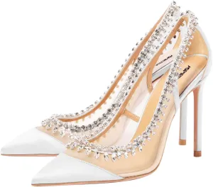Women Pointed Cap Toe Gorgeous Rhinestone Studded Pumps Slip on Stiletto High Heel Mesh Sandals Wedding Cocktail Dressy Shoes Size 4-16 US