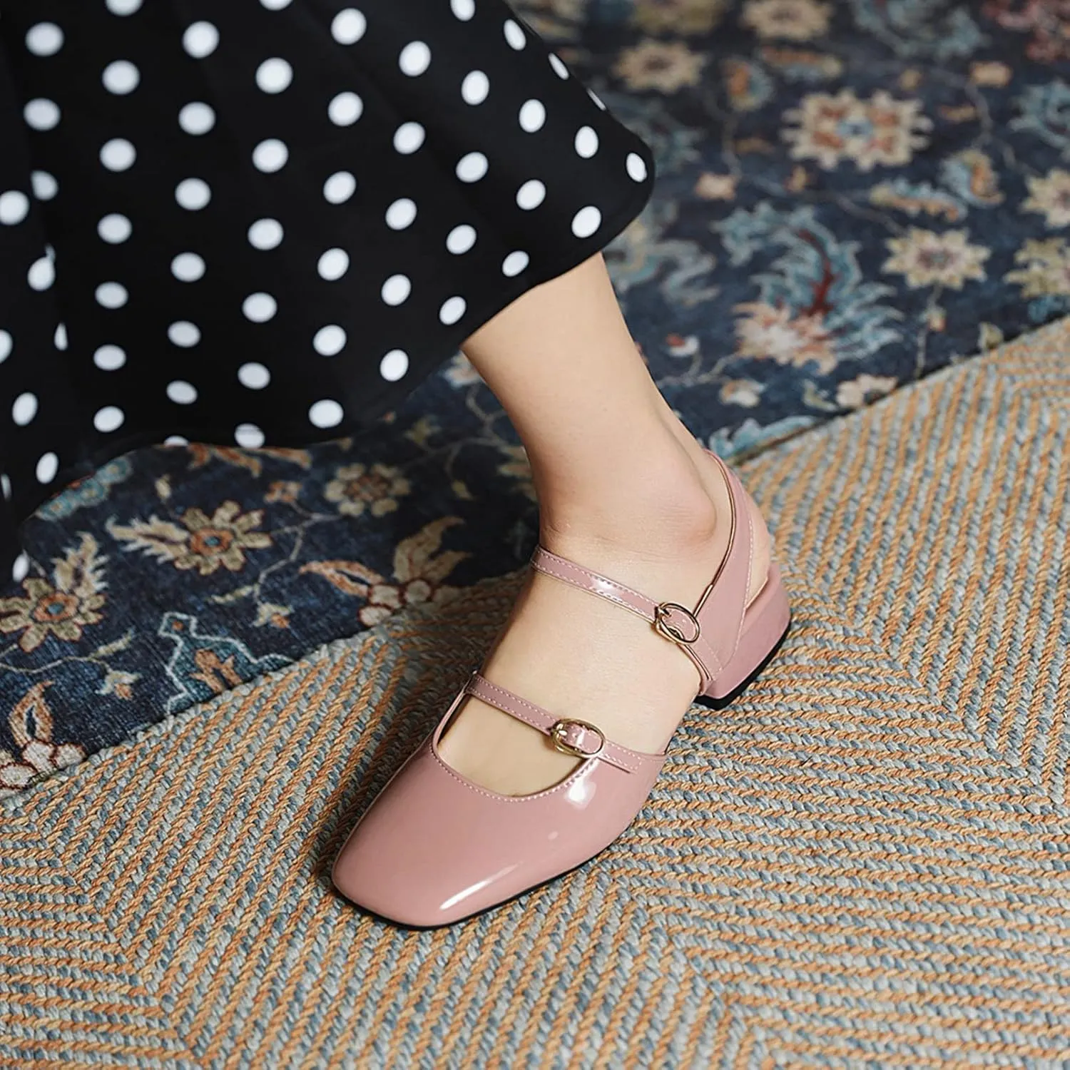 Women Slingback Mary Jane Closed Square Toe Pumps Low Heel Sandals Comfort Patent Leather Dress Shoes
