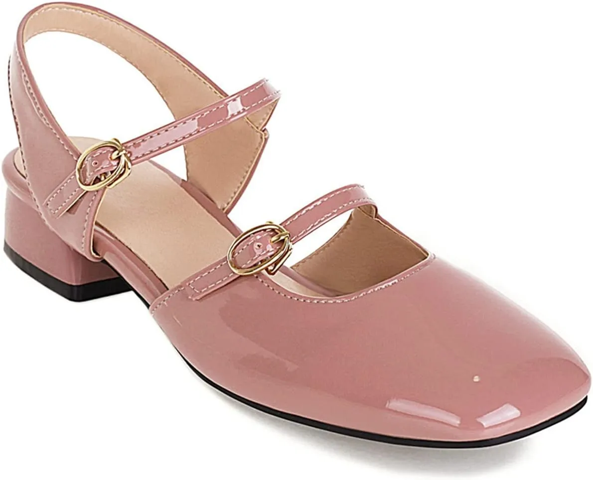 Women Slingback Mary Jane Closed Square Toe Pumps Low Heel Sandals Comfort Patent Leather Dress Shoes