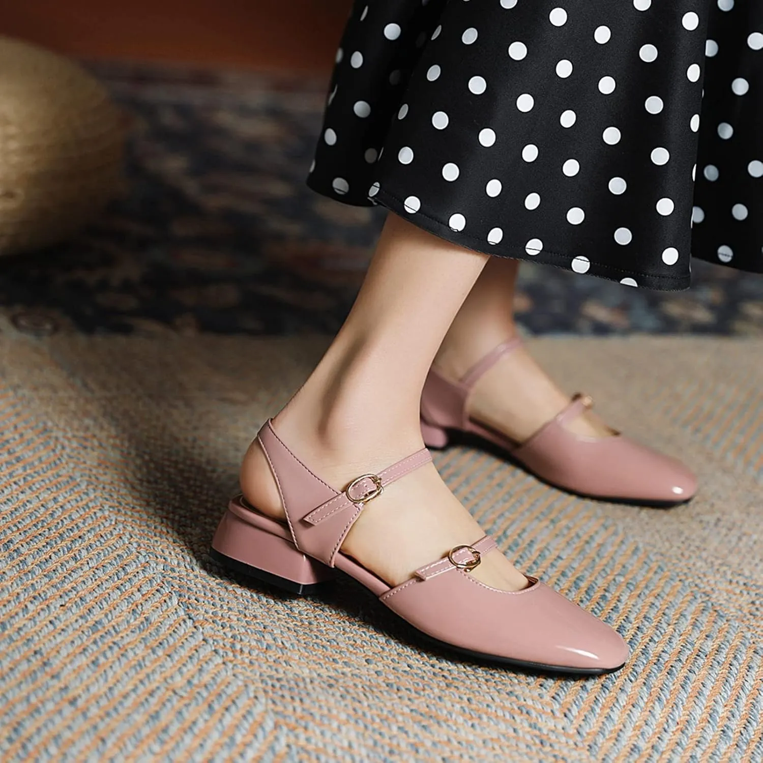 Women Slingback Mary Jane Closed Square Toe Pumps Low Heel Sandals Comfort Patent Leather Dress Shoes