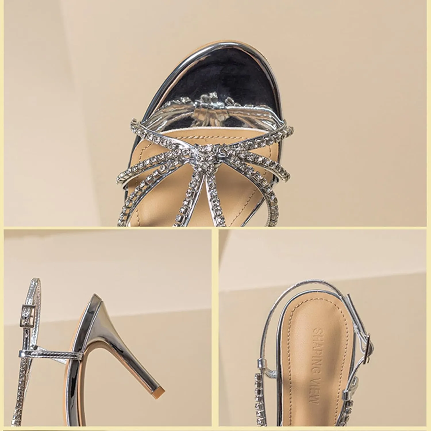 Women Sparkle Rhinestone Strappy Stiletto Sandals with Ankle Strap Glitter Fish Mouth Open Toe Sexy High Heel Sandal for Dance Prom Dress Shoes
