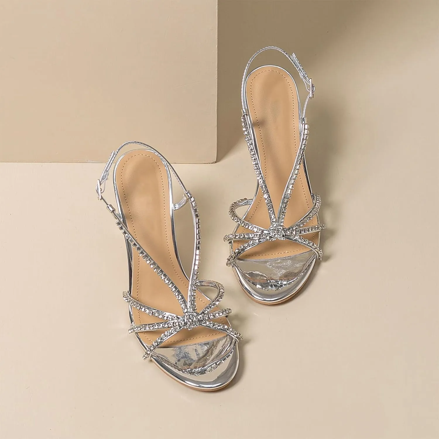 Women Sparkle Rhinestone Strappy Stiletto Sandals with Ankle Strap Glitter Fish Mouth Open Toe Sexy High Heel Sandal for Dance Prom Dress Shoes