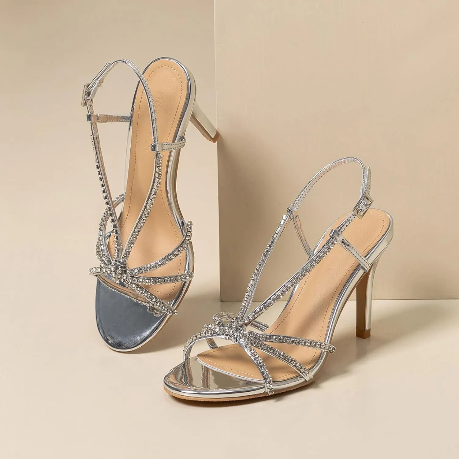 Women Sparkle Rhinestone Strappy Stiletto Sandals with Ankle Strap Glitter Fish Mouth Open Toe Sexy High Heel Sandal for Dance Prom Dress Shoes