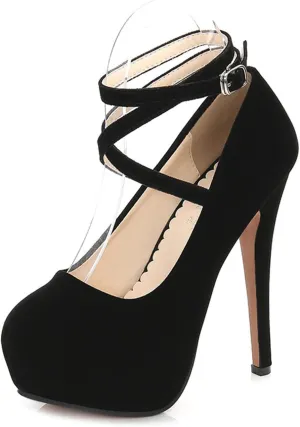 Women's Ankle Strap Close Toe High Stiletto Platform Heel Pumps Party Dress Sexy High Heels Suede Strappy Cross Ankle Strap Shoes Large Size 35-46