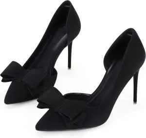 Womens Bow Heels Closed Pointed Toe Dress Shoes Stiletto Slip on Wedding Pumps