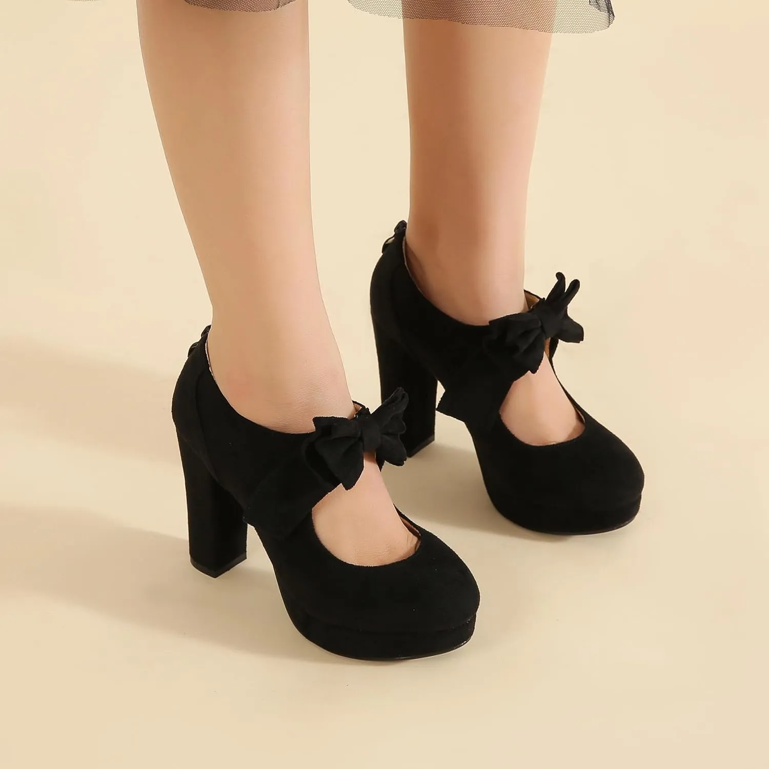 Womens Bow Heels Mary Jane Shoes Round Toe Platform Chunky High Heel Vintage Dress Pumps