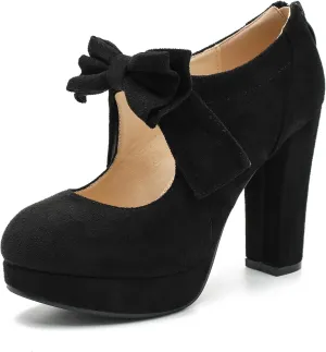 Womens Bow Heels Mary Jane Shoes Round Toe Platform Chunky High Heel Vintage Dress Pumps
