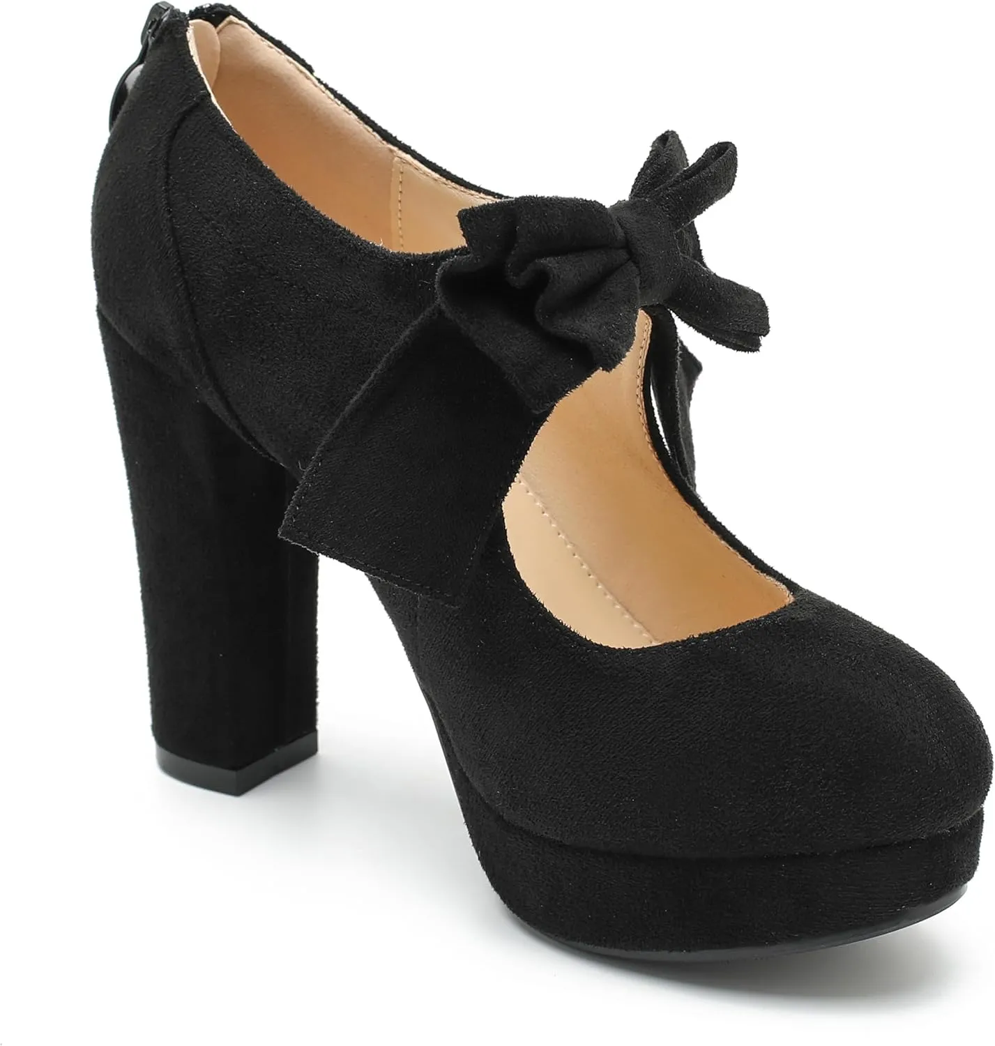 Womens Bow Heels Mary Jane Shoes Round Toe Platform Chunky High Heel Vintage Dress Pumps