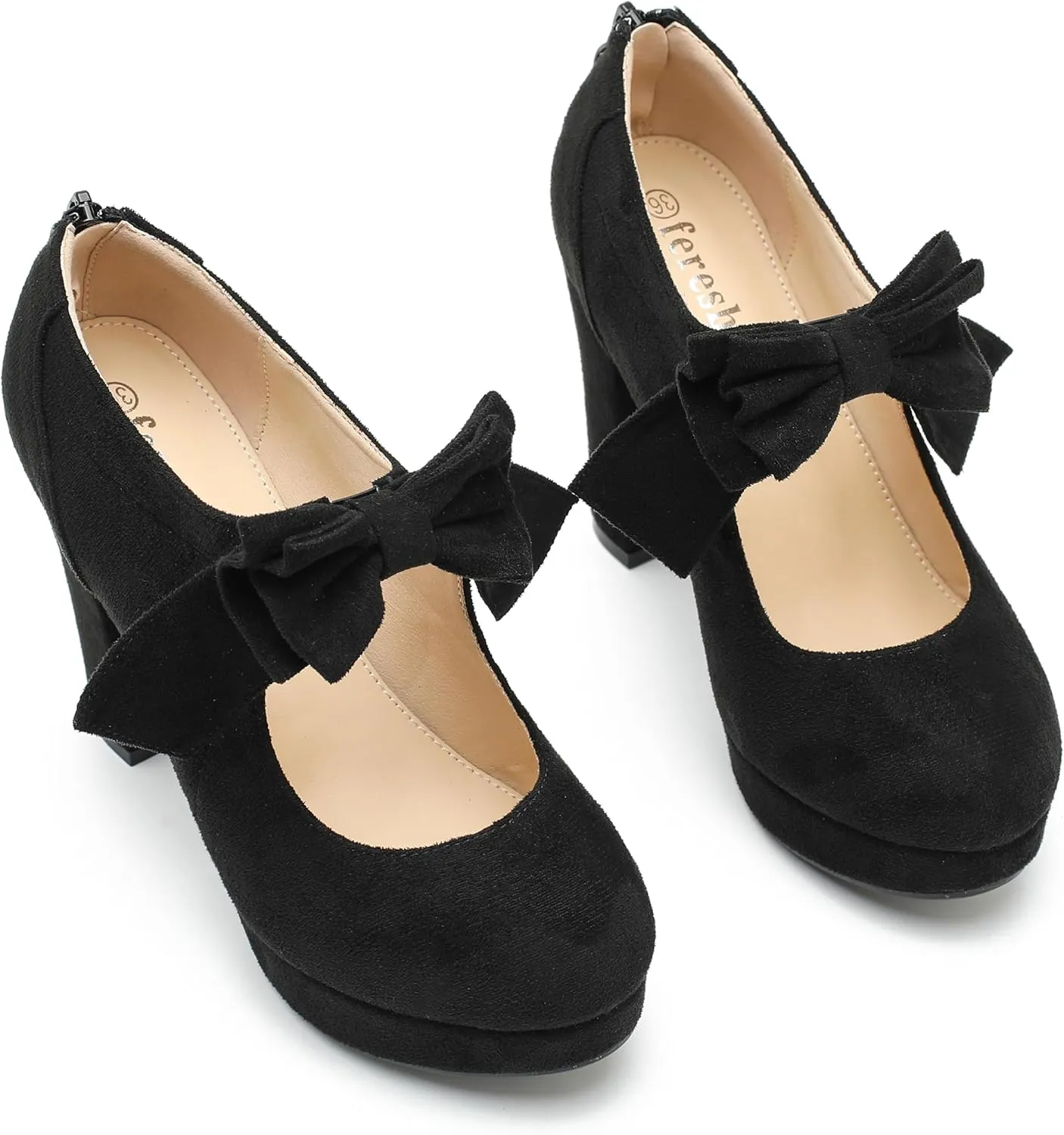 Womens Bow Heels Mary Jane Shoes Round Toe Platform Chunky High Heel Vintage Dress Pumps