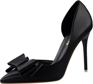 Womens Bow Heels Stiletto D'Orsay Double Bow Pumps Pointed Toe Women Dress Shoes Slip on Wedding Shoes for Bride Bridesmaid