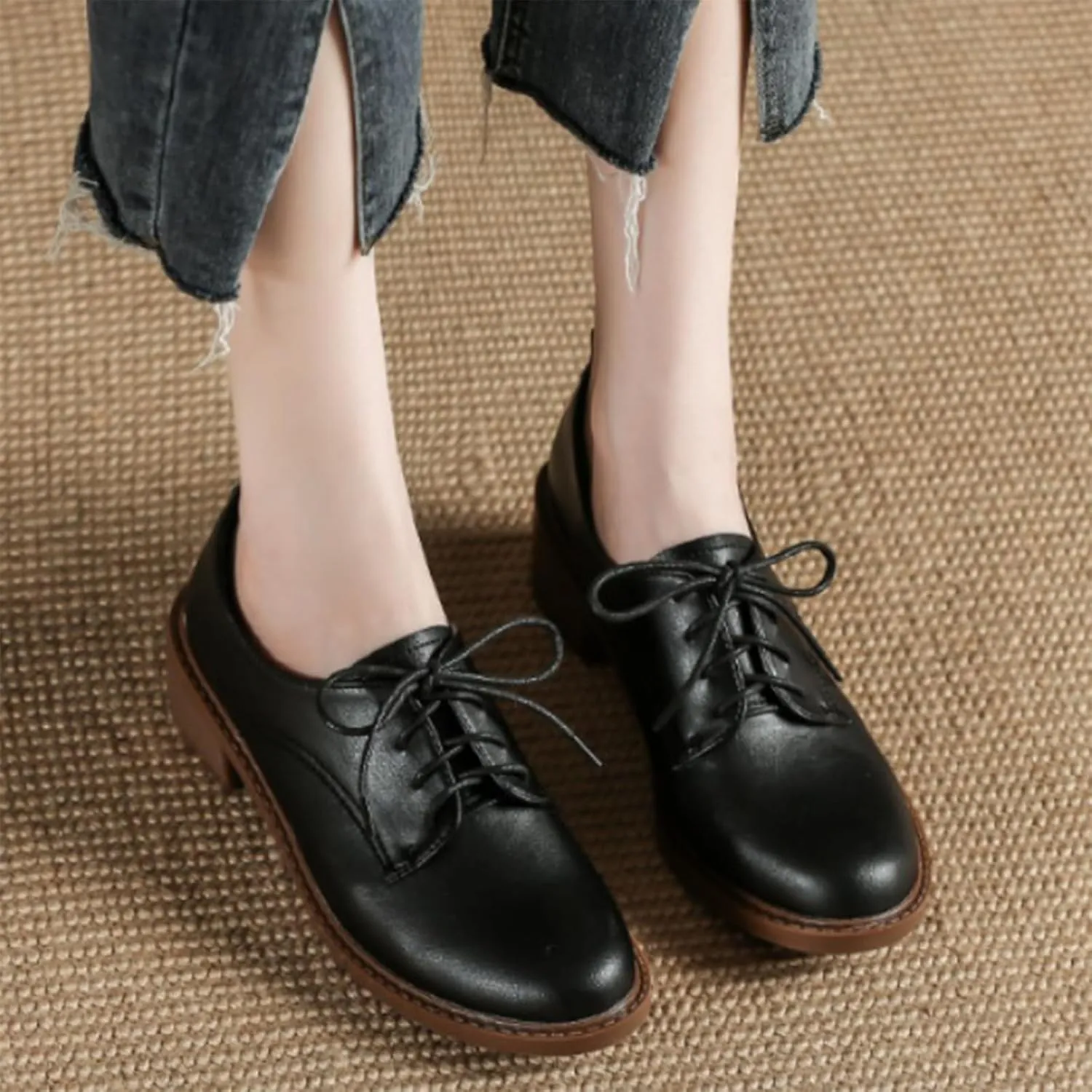 Women's Chunky Heel Breathable Leather Oxfords,Comfortable Round Toe Lace Up Block Mid Heel Dress Shoes,Casual Business Offices Work Shoes