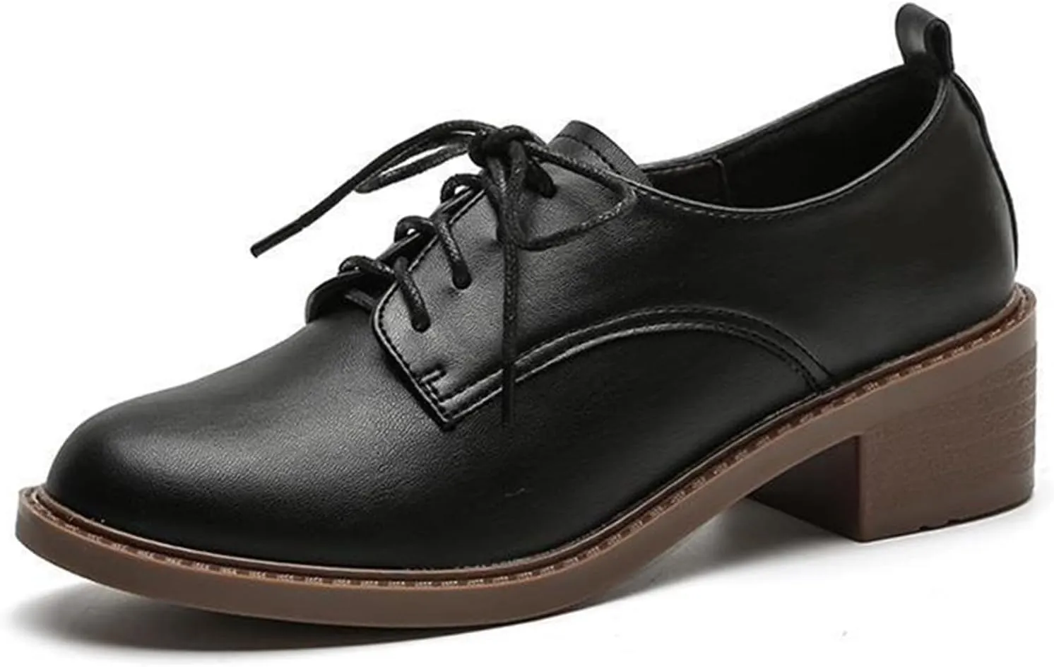 Women's Chunky Heel Breathable Leather Oxfords,Comfortable Round Toe Lace Up Block Mid Heel Dress Shoes,Casual Business Offices Work Shoes