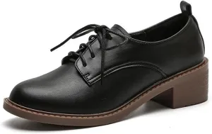 Women's Chunky Heel Breathable Leather Oxfords,Comfortable Round Toe Lace Up Block Mid Heel Dress Shoes,Casual Business Offices Work Shoes