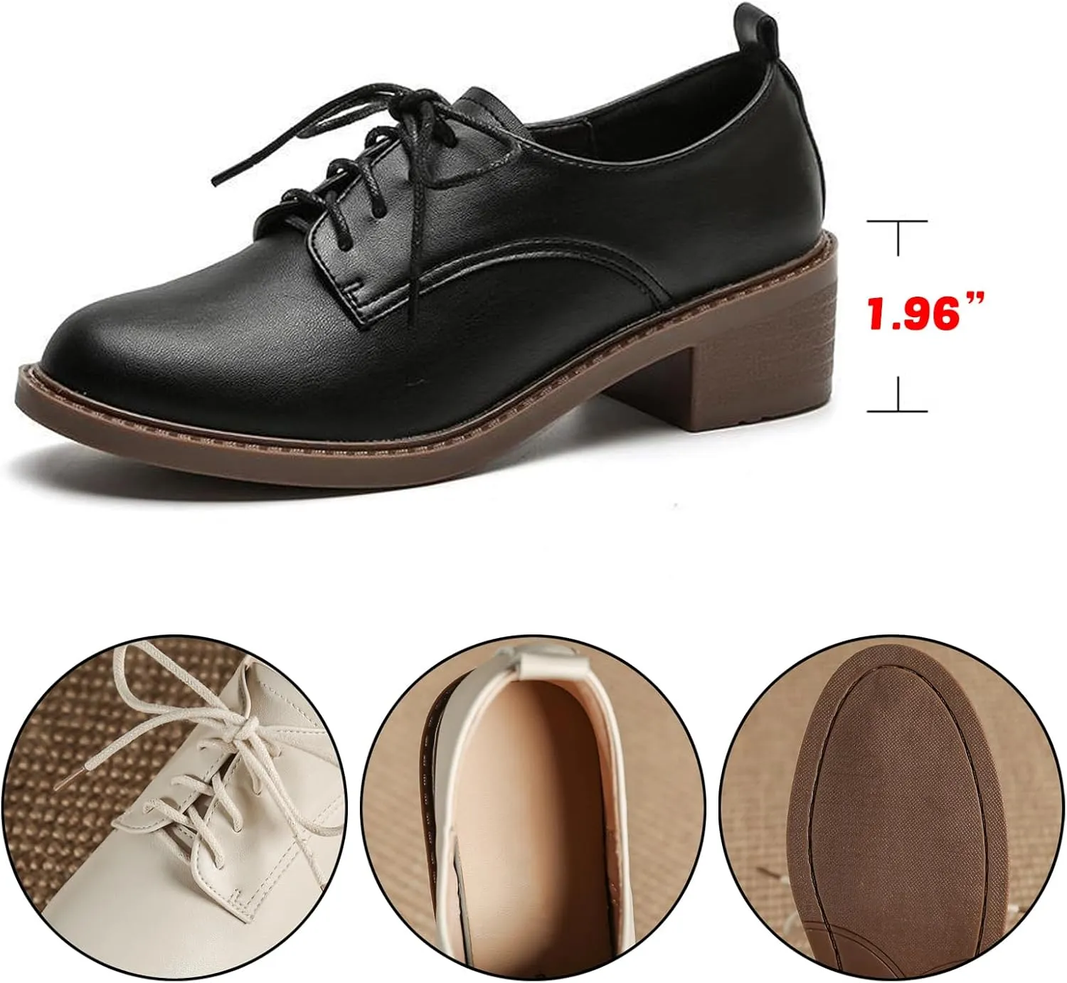 Women's Chunky Heel Breathable Leather Oxfords,Comfortable Round Toe Lace Up Block Mid Heel Dress Shoes,Casual Business Offices Work Shoes