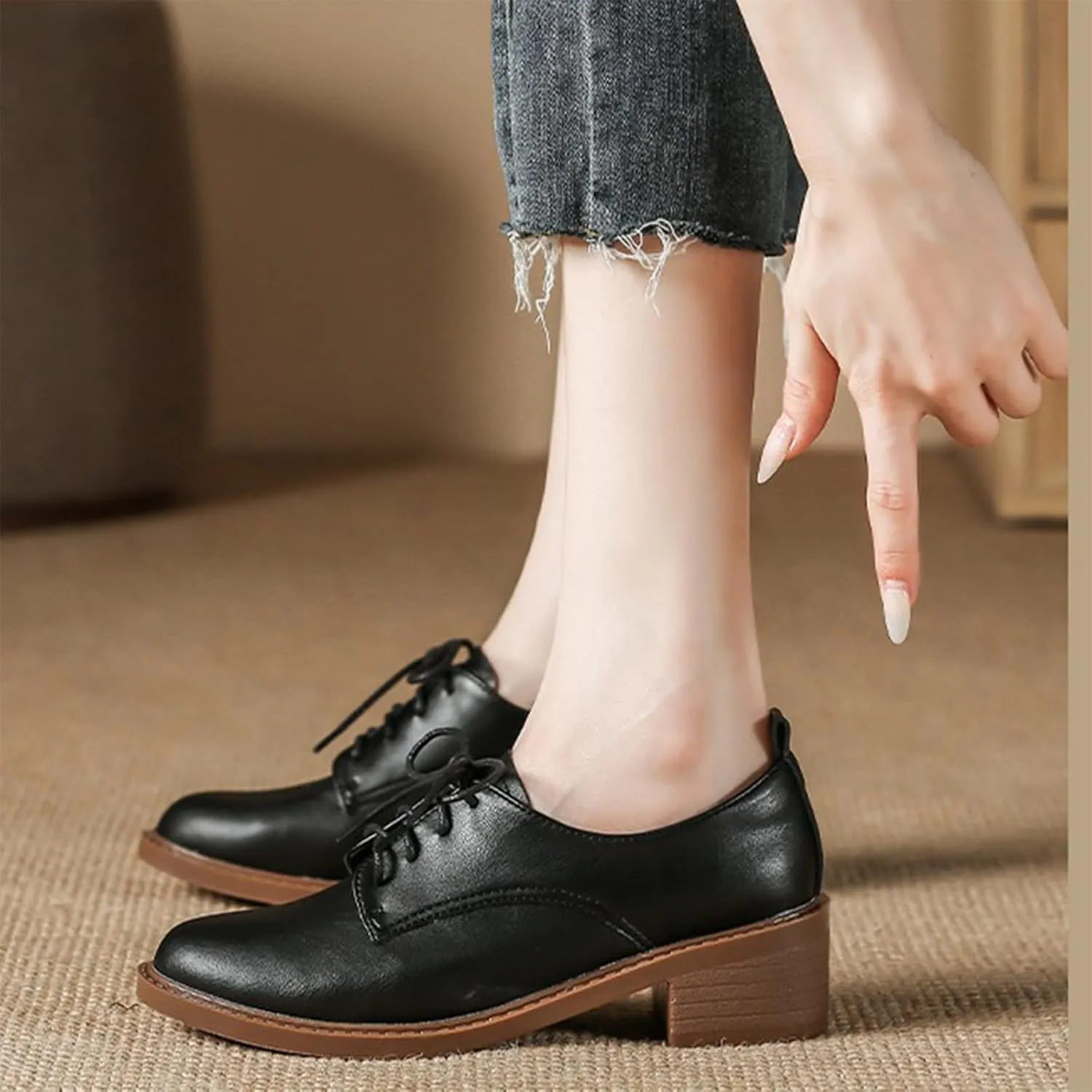 Women's Chunky Heel Breathable Leather Oxfords,Comfortable Round Toe Lace Up Block Mid Heel Dress Shoes,Casual Business Offices Work Shoes