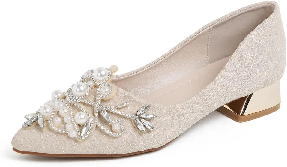 Women's Chunky Heel Comfortable Work Shoes Rhinestones Pearl Dress Wedding Pumps for Women - 1.18Inches Height