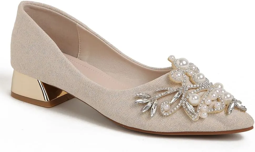 Women's Chunky Heel Comfortable Work Shoes Rhinestones Pearl Dress Wedding Pumps for Women - 1.18Inches Height