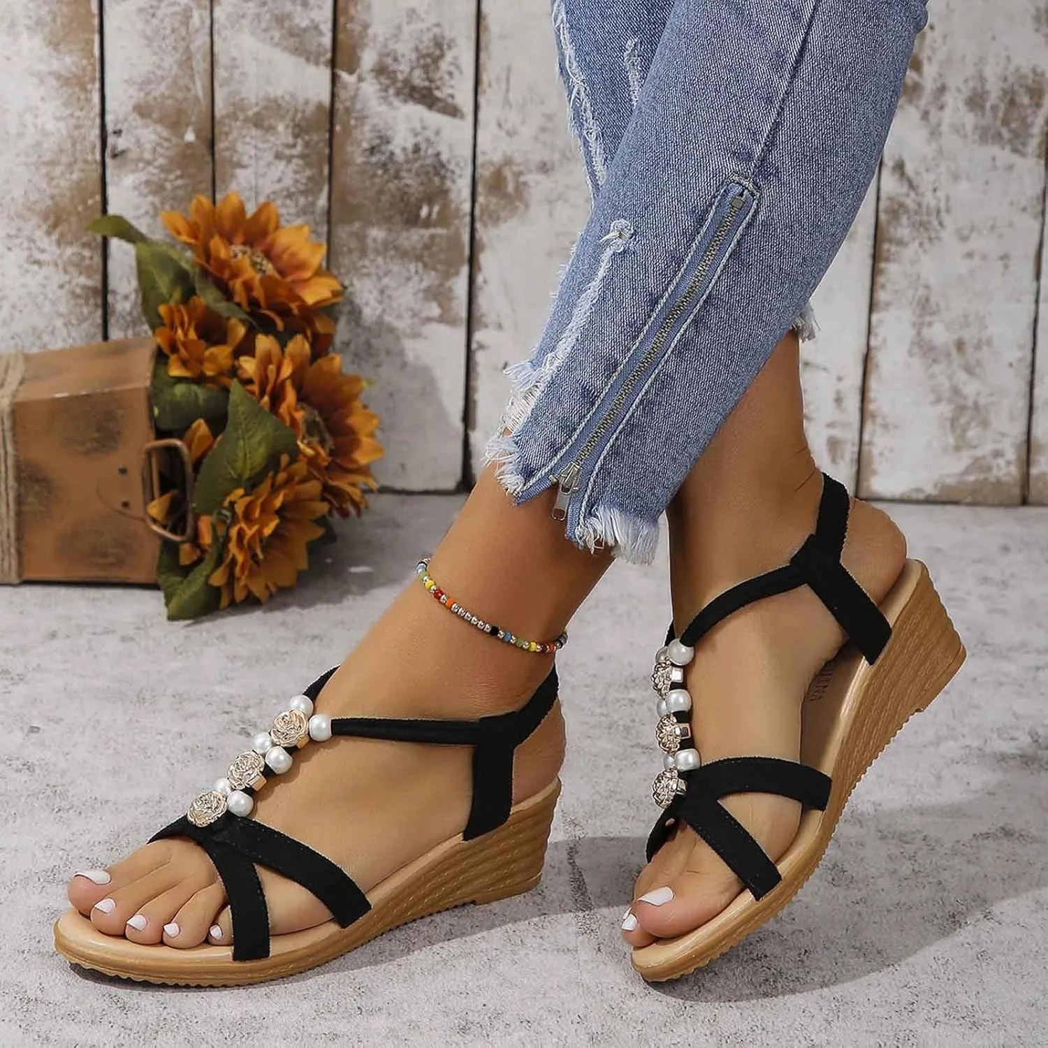 Women's Comfortable Wedge Sandals Summer Casual Open Toe Lightweight Breathable Slip On Beach Shoes for Outdoor
