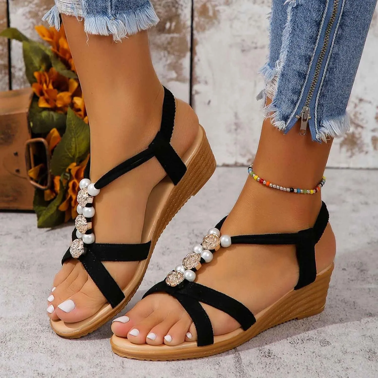 Women's Comfortable Wedge Sandals Summer Casual Open Toe Lightweight Breathable Slip On Beach Shoes for Outdoor