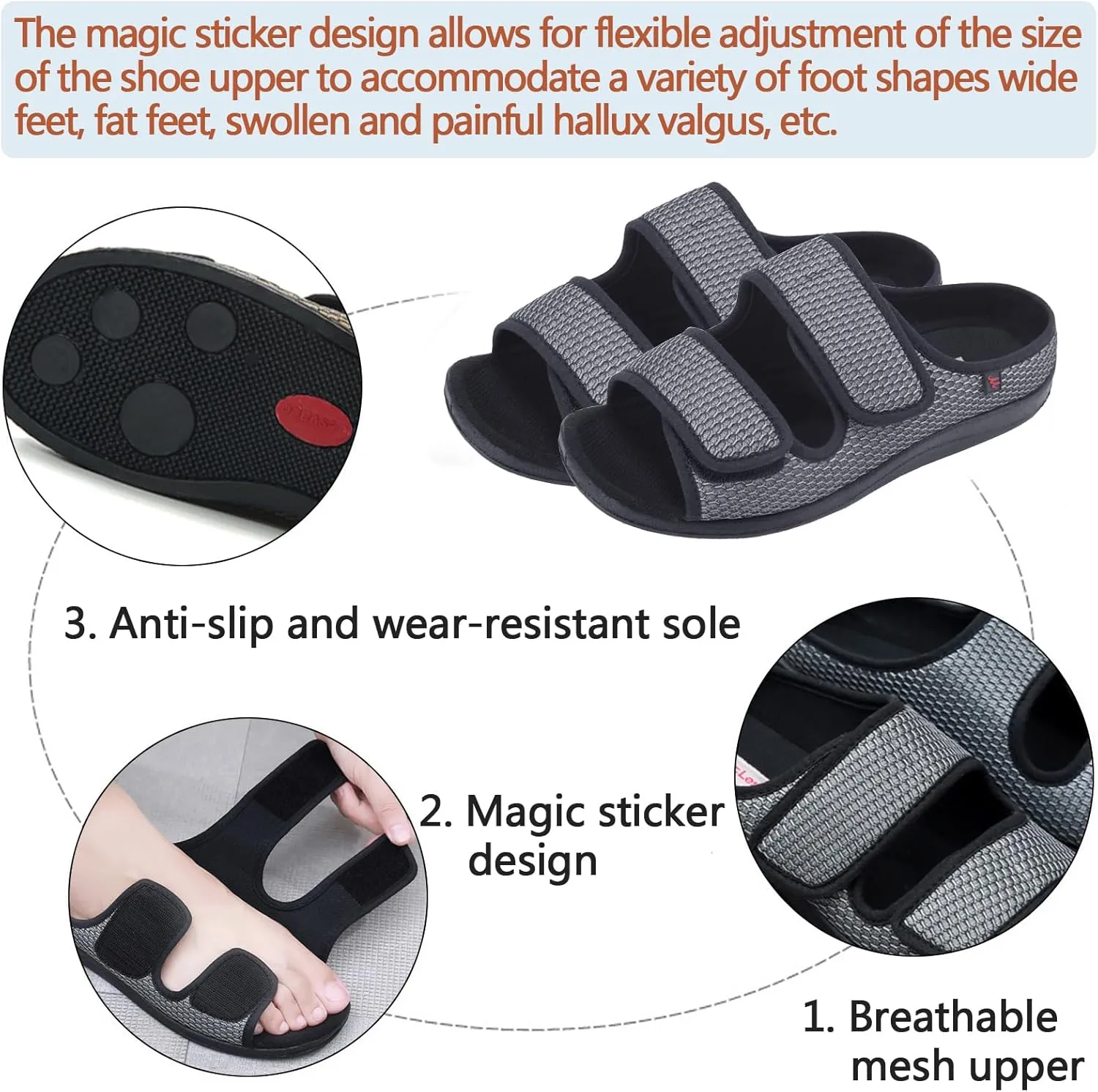 Women's Diabetic Sandals, Extra Wide Width, Open Toe, Adjustable Magic Stickers for Wide Feet, Big Toes, Arthritis, Swollen Feet