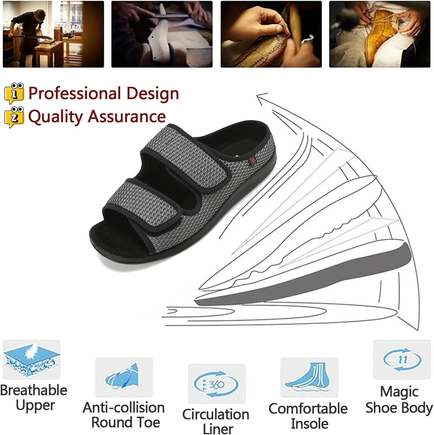 Women's Diabetic Sandals, Extra Wide Width, Open Toe, Adjustable Magic Stickers for Wide Feet, Big Toes, Arthritis, Swollen Feet