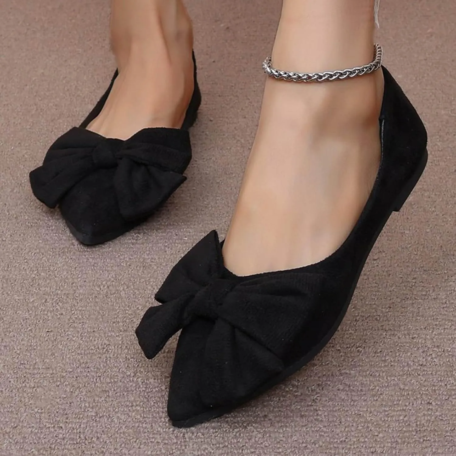 Women's Fashion Bow Suede Casual Shoes Pointed Non Slip Slip On Casual Shoes Fashion Loafer