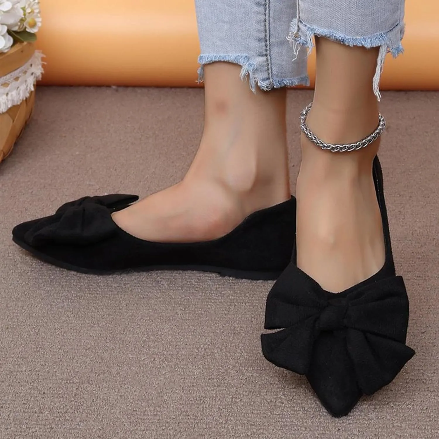 Women's Fashion Bow Suede Casual Shoes Pointed Non Slip Slip On Casual Shoes Fashion Loafer