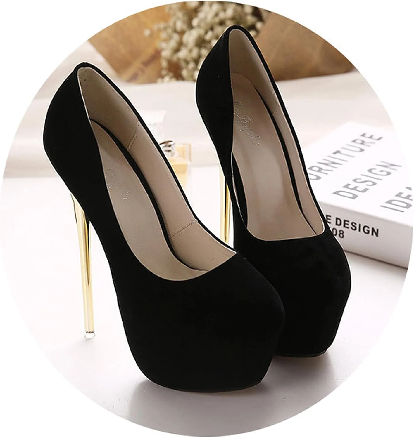Women's Heels Stiletto Waterproof Platform Slip On Pumps Dress Large Size Shallow Mouth 16cm High Suede 2.36 Inch for Office Party Wedding Clubbing
