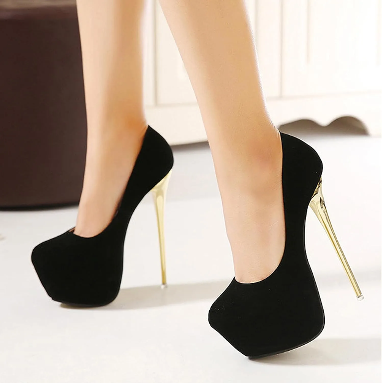 Women's Heels Stiletto Waterproof Platform Slip On Pumps Dress Large Size Shallow Mouth 16cm High Suede 2.36 Inch for Office Party Wedding Clubbing