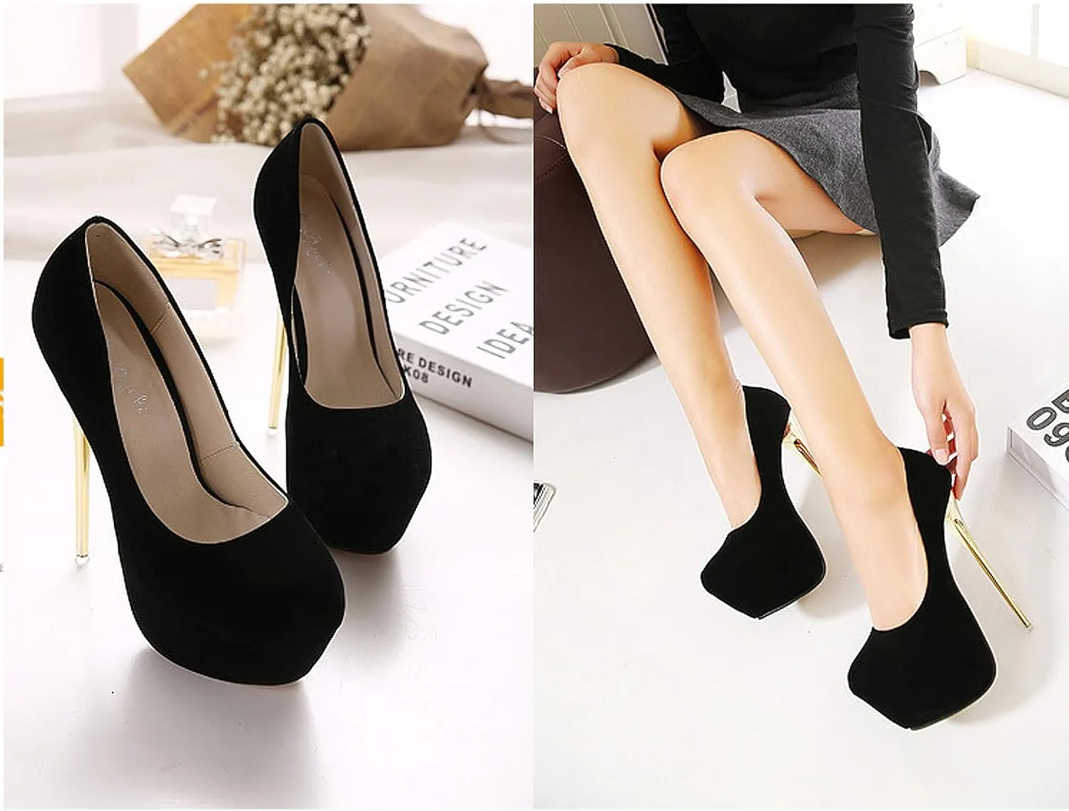 Women's Heels Stiletto Waterproof Platform Slip On Pumps Dress Large Size Shallow Mouth 16cm High Suede 2.36 Inch for Office Party Wedding Clubbing