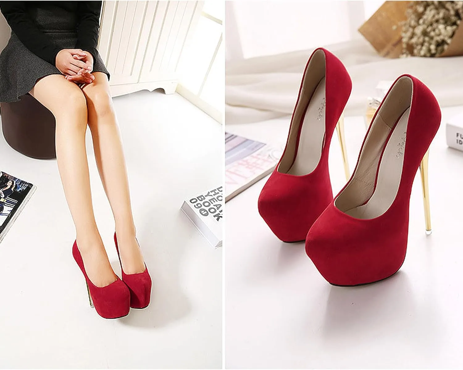 Women's Heels Stiletto Waterproof Platform Slip On Pumps Dress Large Size Shallow Mouth 16cm High Suede 2.36 Inch for Office Party Wedding Clubbing