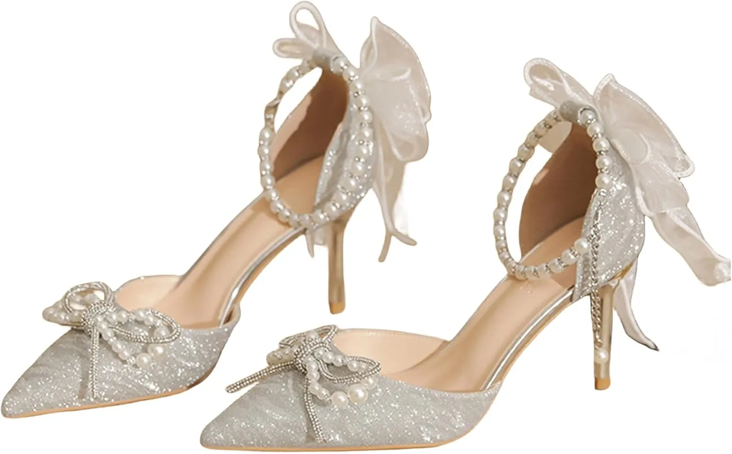 Women's Heels with Bow Sparkly Rhinestone Pumps Closed Pointed Toe Pearl Ankle Strap Wedding Dress Shoes Strappy Heels for Women