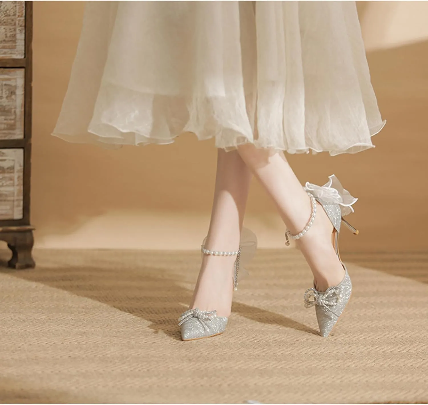 Women's Heels with Bow Sparkly Rhinestone Pumps Closed Pointed Toe Pearl Ankle Strap Wedding Dress Shoes Strappy Heels for Women