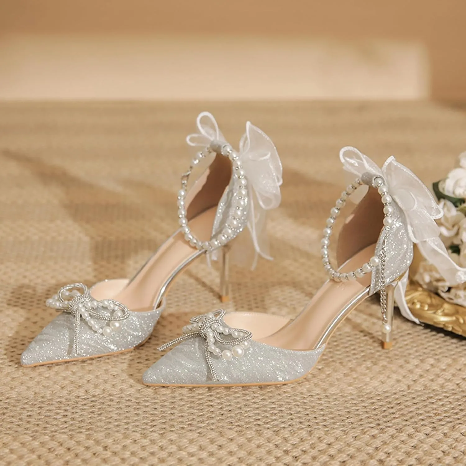 Women's Heels with Bow Sparkly Rhinestone Pumps Closed Pointed Toe Pearl Ankle Strap Wedding Dress Shoes Strappy Heels for Women
