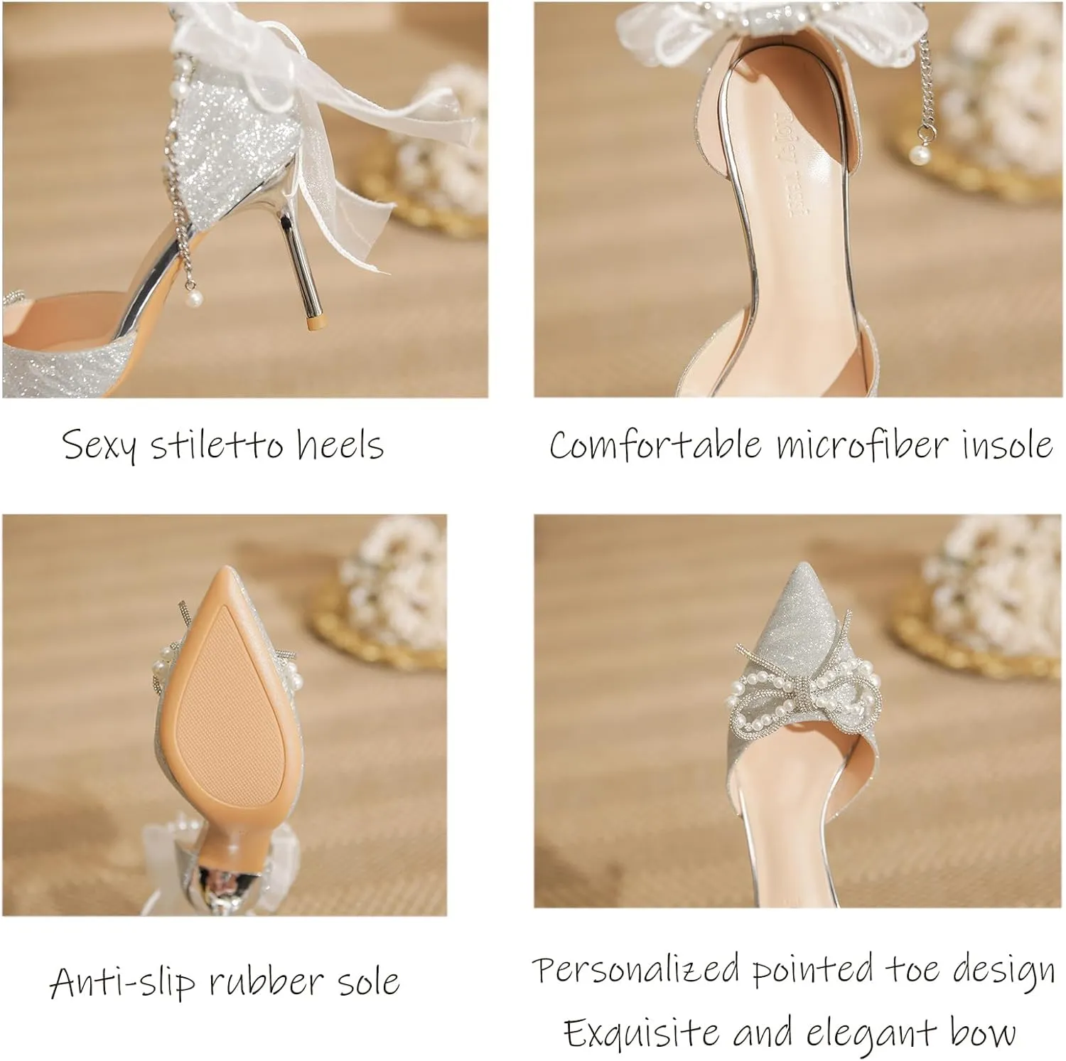 Women's Heels with Bow Sparkly Rhinestone Pumps Closed Pointed Toe Pearl Ankle Strap Wedding Dress Shoes Strappy Heels for Women