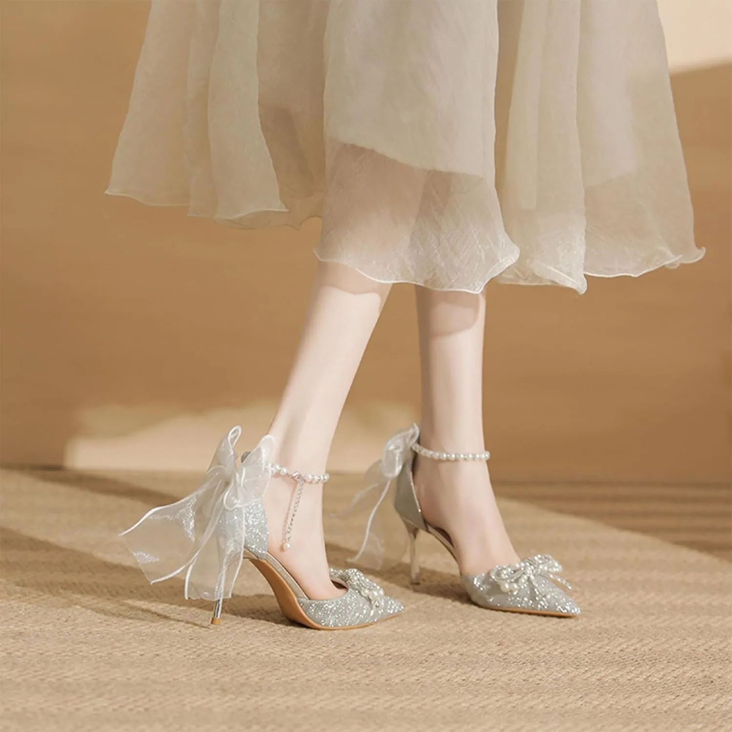 Women's Heels with Bow Sparkly Rhinestone Pumps Closed Pointed Toe Pearl Ankle Strap Wedding Dress Shoes Strappy Heels for Women