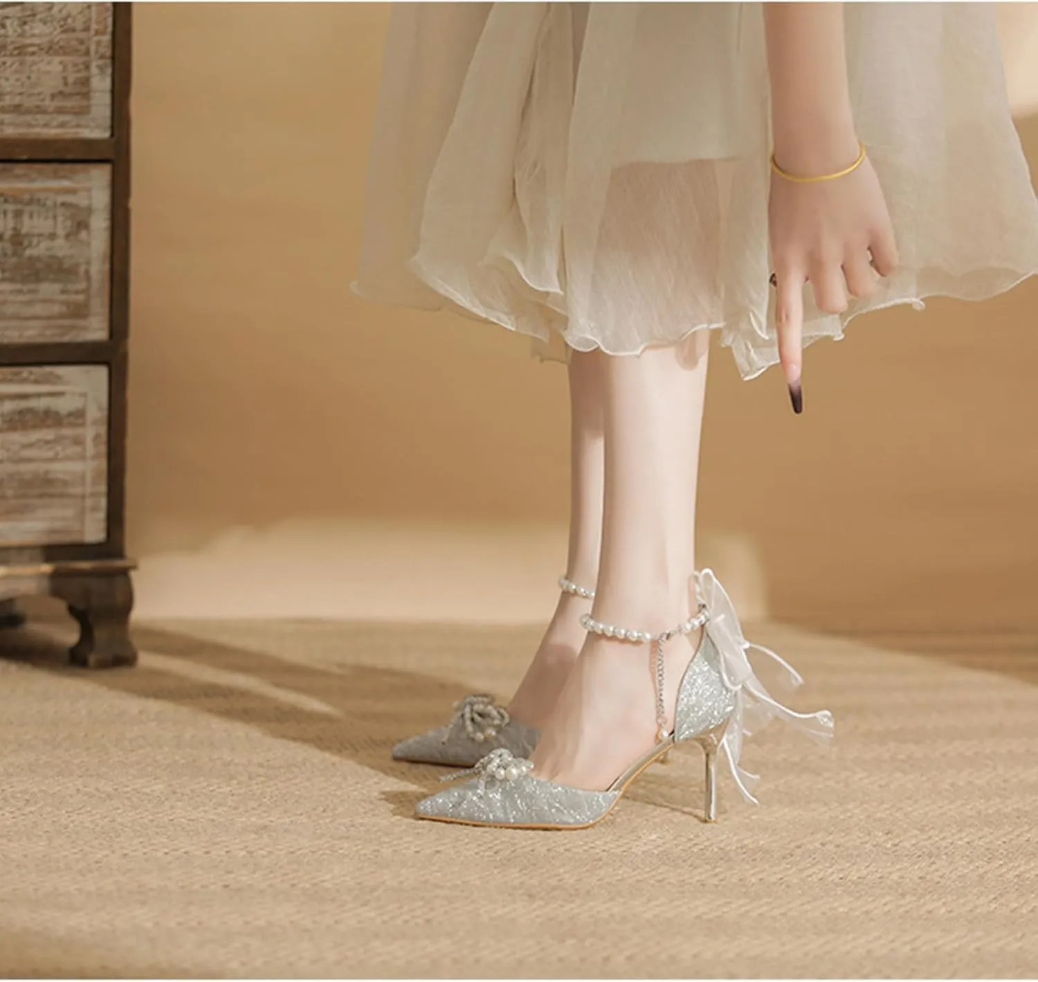 Women's Heels with Bow Sparkly Rhinestone Pumps Closed Pointed Toe Pearl Ankle Strap Wedding Dress Shoes Strappy Heels for Women
