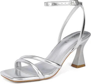 Women's Kitten Strappy Mid heels Square Open Toe Ankle Strap Heeled Sandals